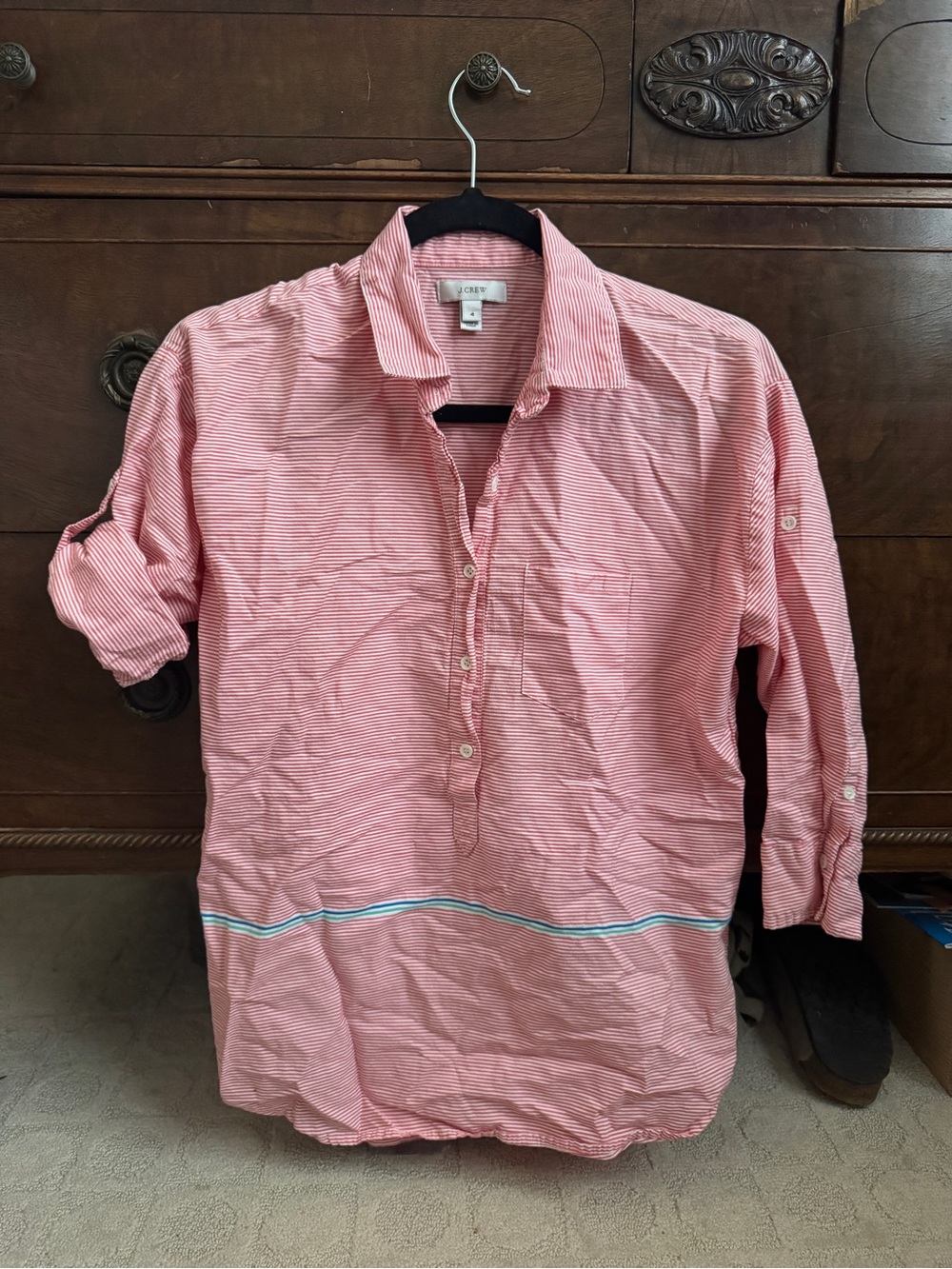 J. Crew Pink and White Striped Button-Down Tunic